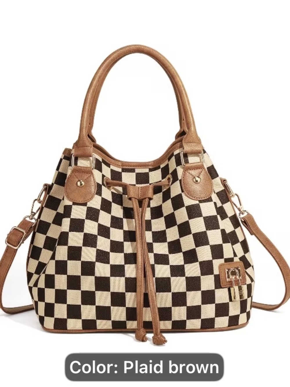 Plaid Brown Checkered Tote Bag with Tan Trim Large Sized.